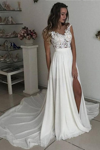 Simple Long A-line V-neck Chiffon Lace Wedding Dress with Slit