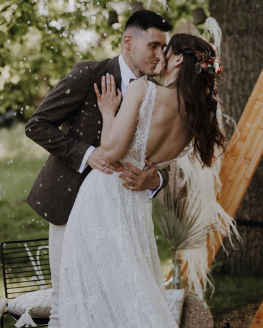 Simple Long A-Line V-neck Lace Backless Wedding Dresses