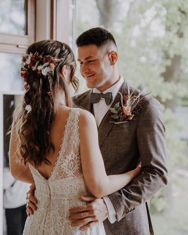 Simple Long A-Line V-neck Lace Backless Wedding Dresses