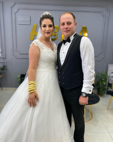 Simple Long A-line V-neck Lace Tulle Wedding Dress