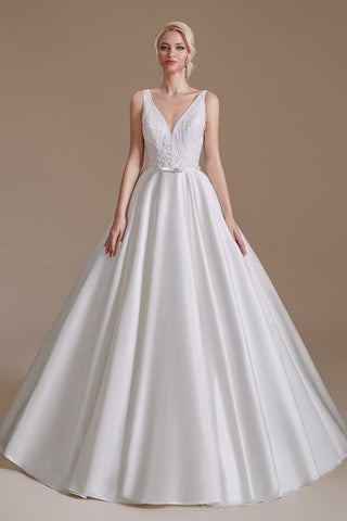 Simple Long A-line V-neck Satin Wedding Dress with Appliques Lace