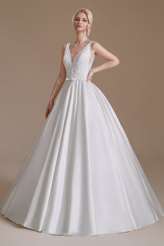 Simple Long A-line V-neck Satin Wedding Dress with Appliques Lace