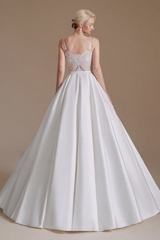 Simple Long A-line V-neck Satin Wedding Dress with Appliques Lace