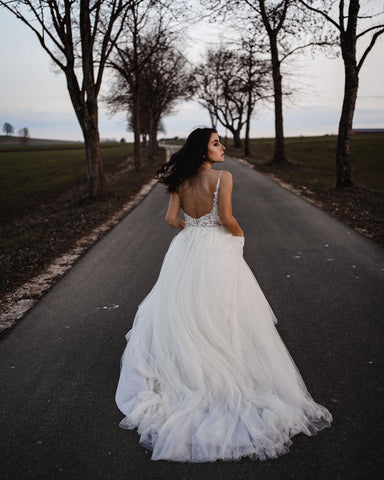 Simple Long A-line V-neck Tulle Backless Wedding Dress