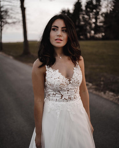 Simple Long A-line V-neck Tulle Backless Wedding Dress