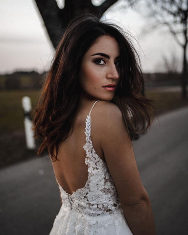 Simple Long A-line V-neck Tulle Backless Wedding Dress