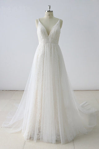 Simple Long A-line V Neck Tulle Wedding Dress