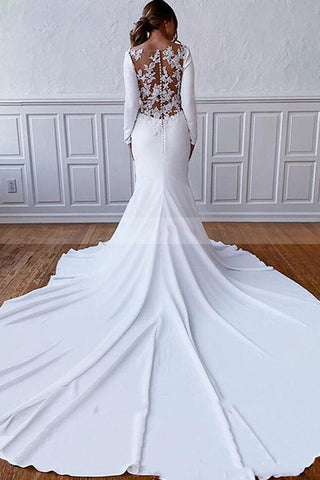 Simple Long Sheath Satin Illusion Lace Back Wedding Dress with Sleeves