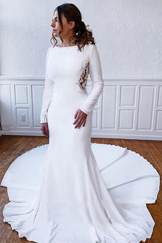 Simple Long Sheath Satin Illusion Lace Back Wedding Dress with Sleeves