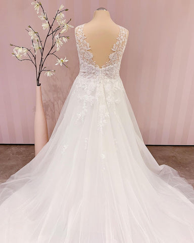 Simple Long V-neck A-Line Backless Wedding Dress With Appliques Lace