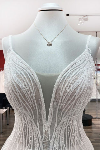 Simple Long V-neck Sequins Ruffles A-line Tulle Backless Wedding Dress