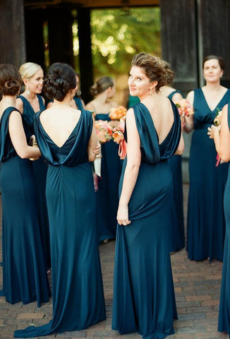 Baoleely Sheath Cheap Long V Neck Ink Blue Bridesmaid Dresses