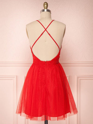 Simple Red A-line V Neck Backless Tulle Short Homecoming Prom Dresses