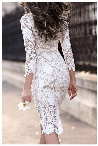 Simple Short Sheath Lace Prom Dresses with Sleeves