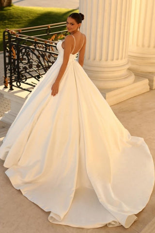 Simple spaghetti straps sleeveless ball gown satin wedding dress