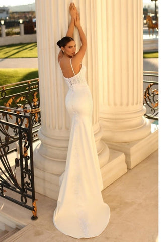 Simple spaghetti straps sleeveless mermaid satin wedding dress with lace