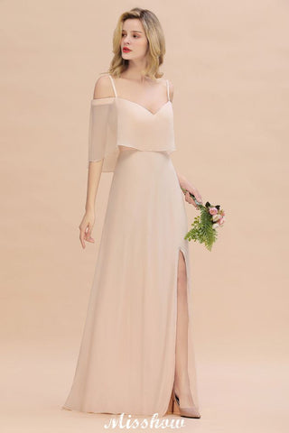 Simple Spaghetti Straps Tiered Bridesmaid Dresses | Side Slit A-Line Sleeveless Evening Maxi Dresses