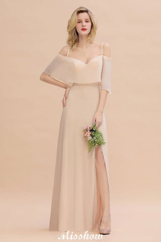 Simple Spaghetti Straps Tiered Bridesmaid Dresses | Side Slit A-Line Sleeveless Evening Maxi Dresses