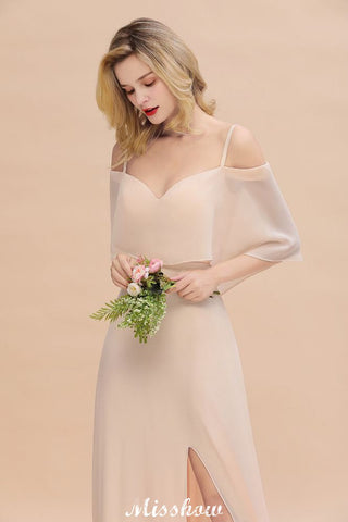 Simple Spaghetti Straps Tiered Bridesmaid Dresses | Side Slit A-Line Sleeveless Evening Maxi Dresses