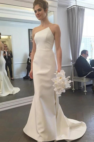 Simple Strapless Pretty Mermaid Long Elegant Ivory Sweep Train Elegant Wedding Dresses