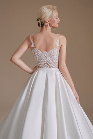 Simple Straps Sleeveless A-Line Floor-Length Satin Wedding Dresses with Ruffles