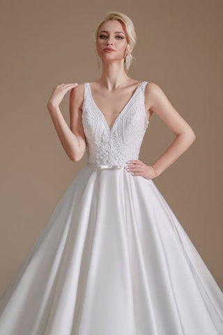 Simple Straps Sleeveless A-Line Floor-Length Satin Wedding Dresses with Ruffles