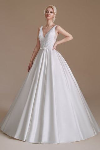 Simple Straps Sleeveless A-Line Floor-Length Satin Wedding Dresses with Ruffles