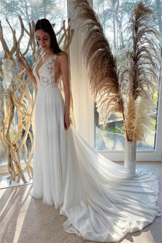Simple White Chiffon Backless A-Line Wedding Dresses With Lace