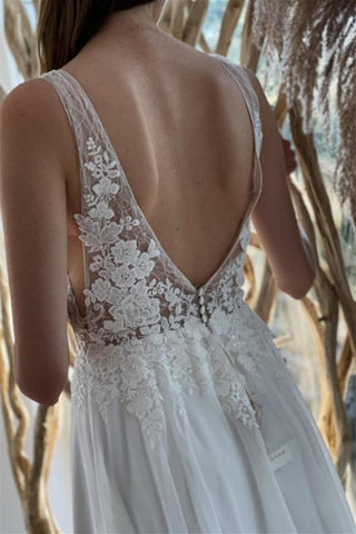 Simple White Chiffon Backless A-Line Wedding Dresses With Lace