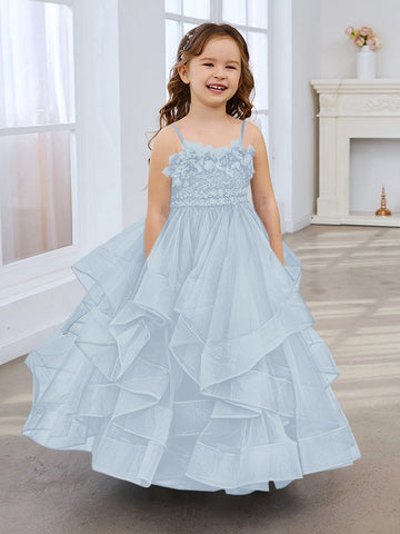 Slate Blue A-Line Princess Sleeveless Tulle Flower Girl Dress