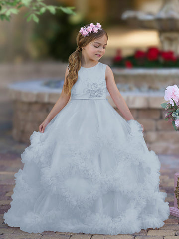 A-line Satin Tulle Floor-length Cascading Ruffles Flower Girl Dress