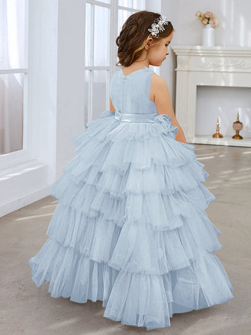 Ball-Gown/Princess Pearl Pink Sleeveless Tulle Bow Flower Girl Dress