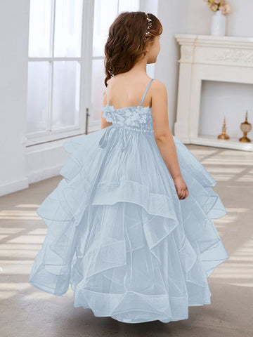 Slate Blue A-Line Princess Sleeveless Tulle Flower Girl Dress
