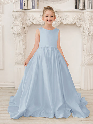 A-Line Princess Sleeveless Satin Flower Girl Dress with Sweep Train and Bow