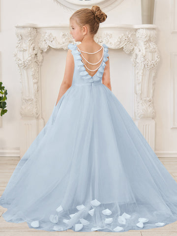 Elegant White Tulle Flower Girl Dress with Sweep Train