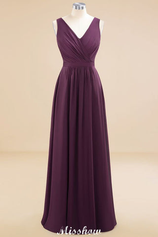Sleeveless A-line Chiffon Bridesmaid Dress Floor-Length V-Neck Party Gown