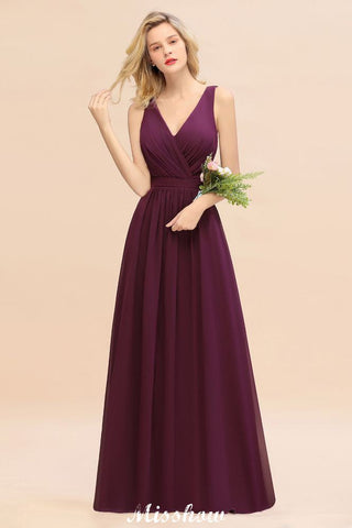Sleeveless A-line Chiffon Bridesmaid Dress Floor-Length V-Neck Party Gown