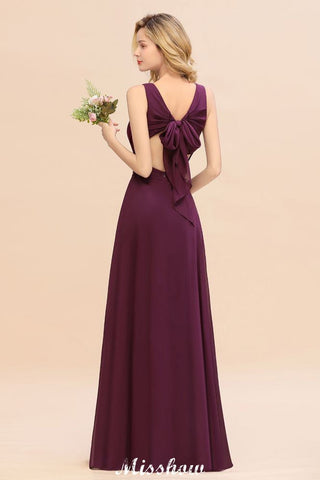Sleeveless A-line Chiffon Bridesmaid Dress Floor-Length V-Neck Party Gown