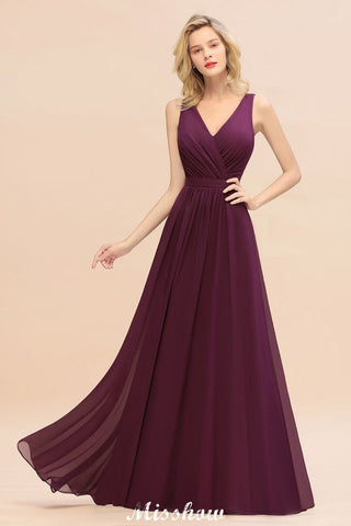 Sleeveless A-line Chiffon Bridesmaid Dress Floor-Length V-Neck Party Gown