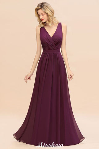 Sleeveless A-line Chiffon Bridesmaid Dress Floor-Length V-Neck Party Gown