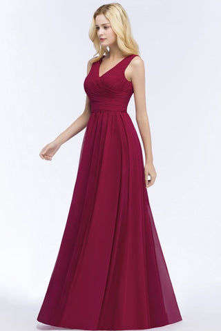 Sleeveless A-line V-neck Ruffled Chiffon Bridesmaid Dresses Floor Length Party Dress