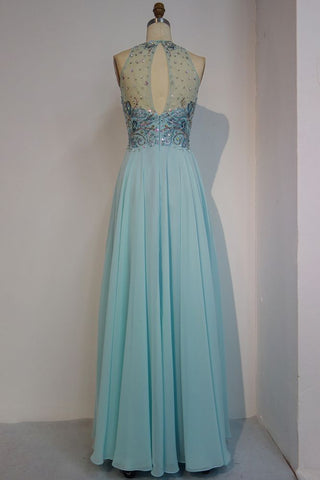 Sleeveless Chiffon A-line Crew Long Crystal Beading Prom Dresses