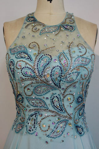 Sleeveless Chiffon A-line Crew Long Crystal Beading Prom Dresses