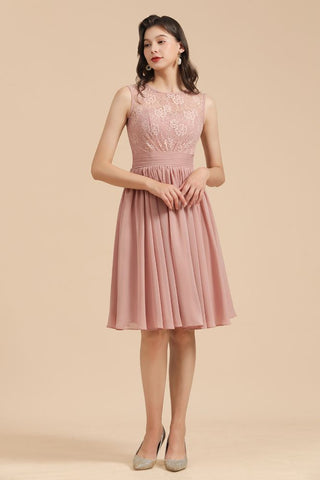 Sleeveless Crew neck Lace Chiffon Party Dress Mini Bridesmaid Dress