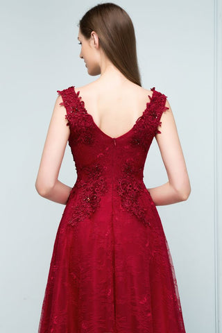 Sleeveless Lace Appliques A-line V-neck Long Prom Dresses with Crystals