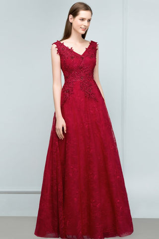 Sleeveless Lace Appliques A-line V-neck Long Prom Dresses with Crystals