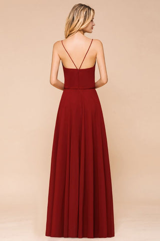 Spaghetti Chiffon Bridesmaid Dress Backless Burgundy Floor-Length Beach Wedding Dress