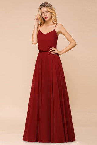 Spaghetti Chiffon Bridesmaid Dress Backless Burgundy Floor-Length Beach Wedding Dress