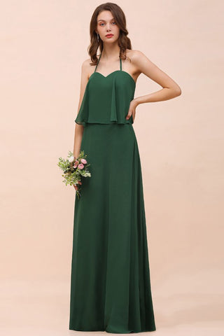Spaghetti Chiffon Bridesmaid Dress Dark Green Maid of Honor Dress Floor Length