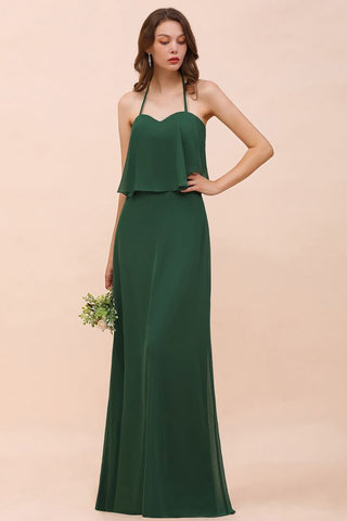 Spaghetti Chiffon Bridesmaid Dress Dark Green Maid of Honor Dress Floor Length